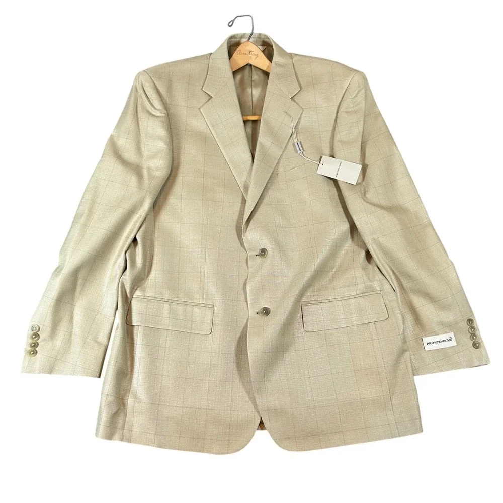 Pronto Uomo Mens 44L Beige 100% Silk Windowpane Two Button Blazer Sport Coat NEW